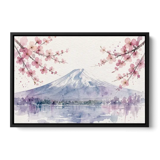 Cherry Blossom Watercolor Painting of Mount Fuji - Black Framed Canvas Wall Art - Front
