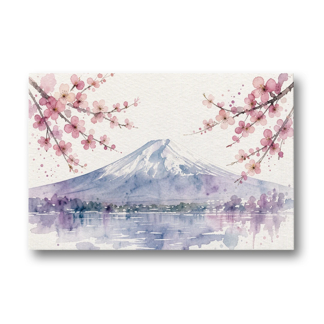 Cherry Blossom Watercolor Painting of Mount Fuji - Canvas Wall Art - Front