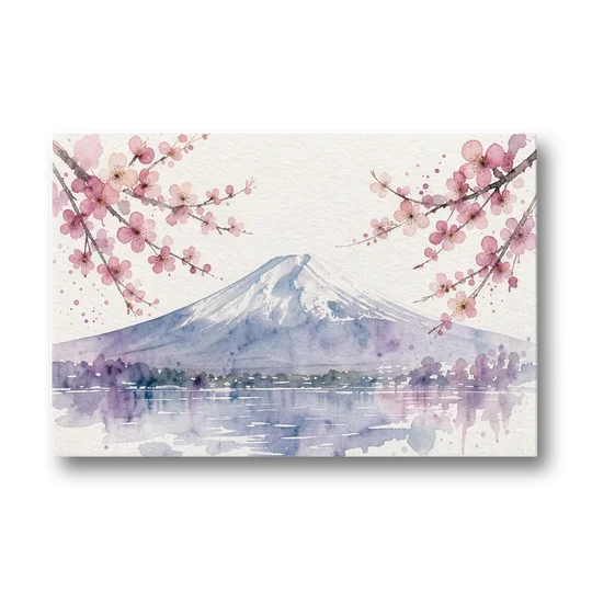Cherry Blossom Watercolor Painting of Mount Fuji - Canvas Wall Art - Front