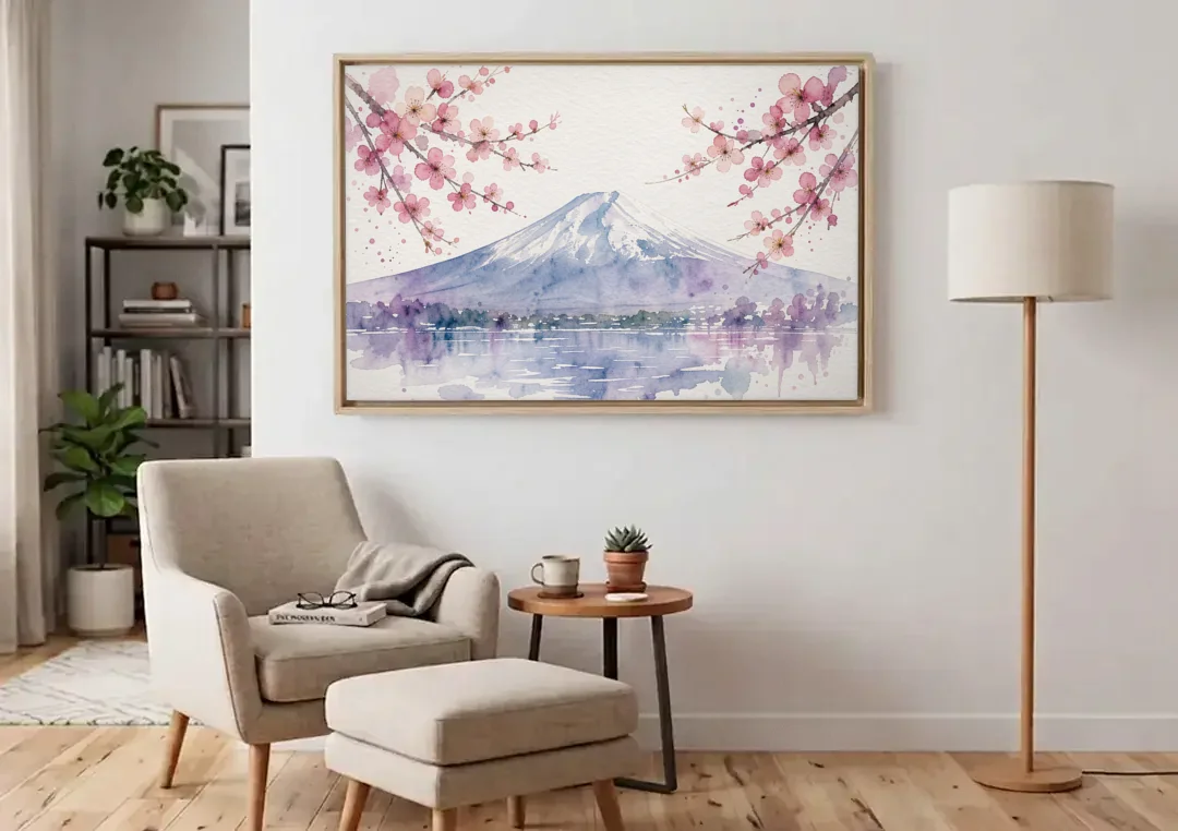 Cherry Blossom Watercolor Painting of Mount Fuji canvas wall art above an armchair in a bright living room