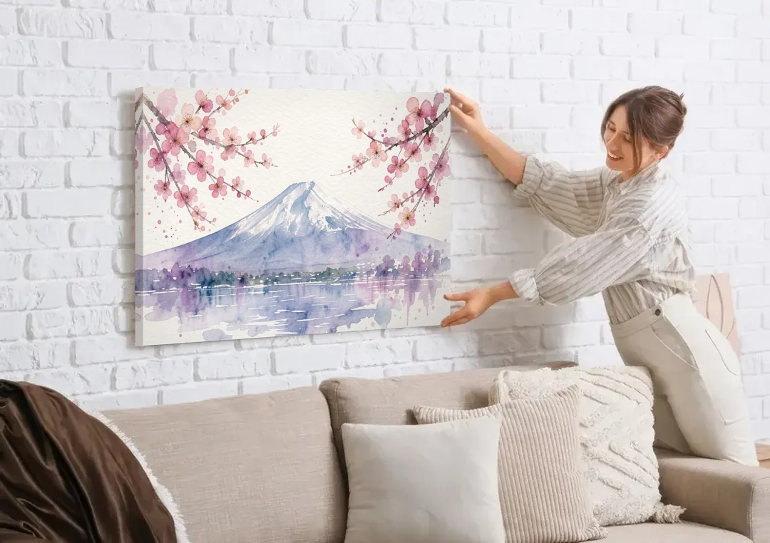 Cherry Blossom Watercolor Painting of Mount Fuji canvas wall art being hung on a white brick wall above a sofa