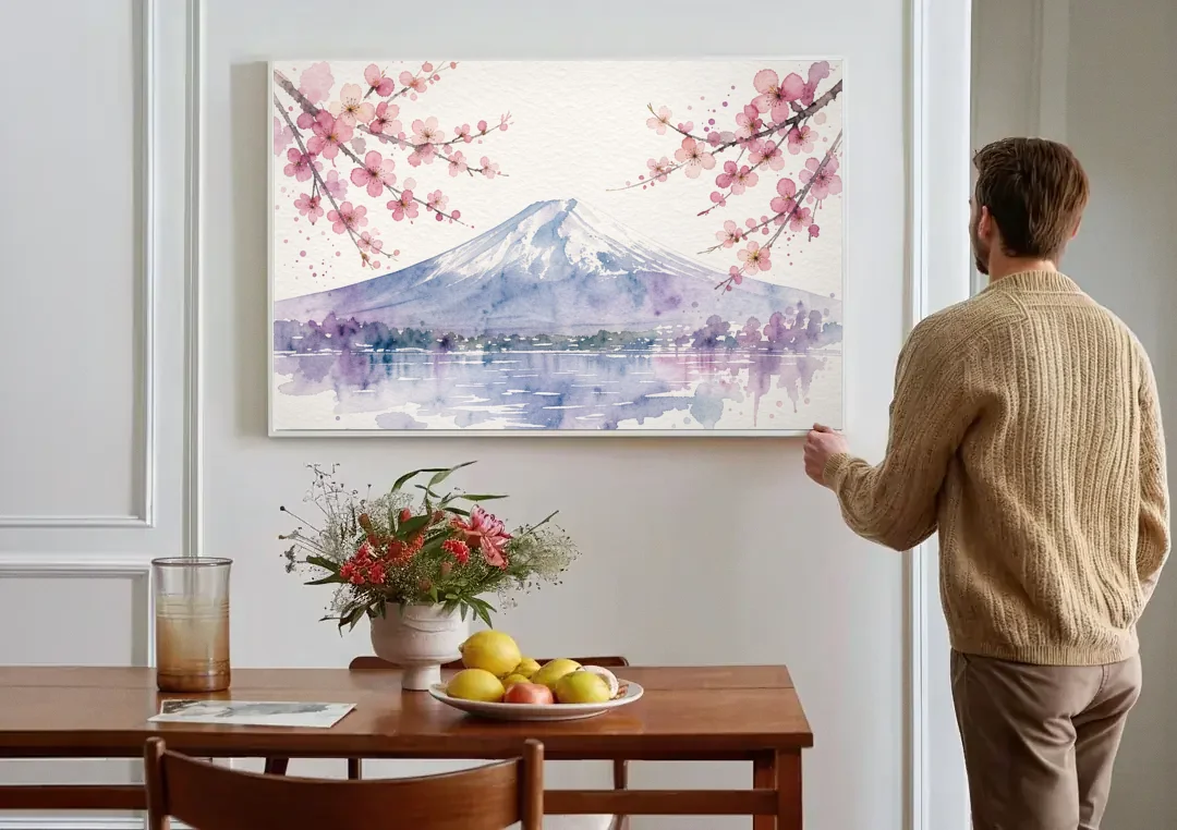 Cherry Blossom Watercolor Painting of Mount Fuji canvas wall art above a dining table