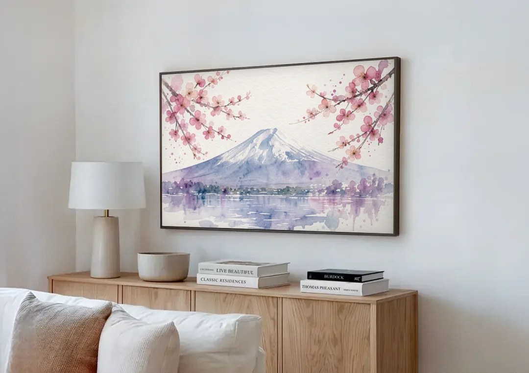 Cherry Blossom Watercolor Painting of Mount Fuji canvas wall art above a wooden sideboard next to a sofa