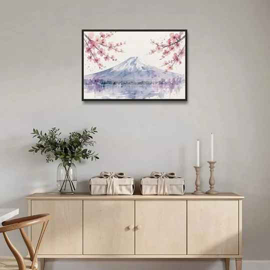 Cherry Blossom Watercolor Painting of Mount Fuji - Black Framed Canvas Wall Art - Coffee Table - 36x24