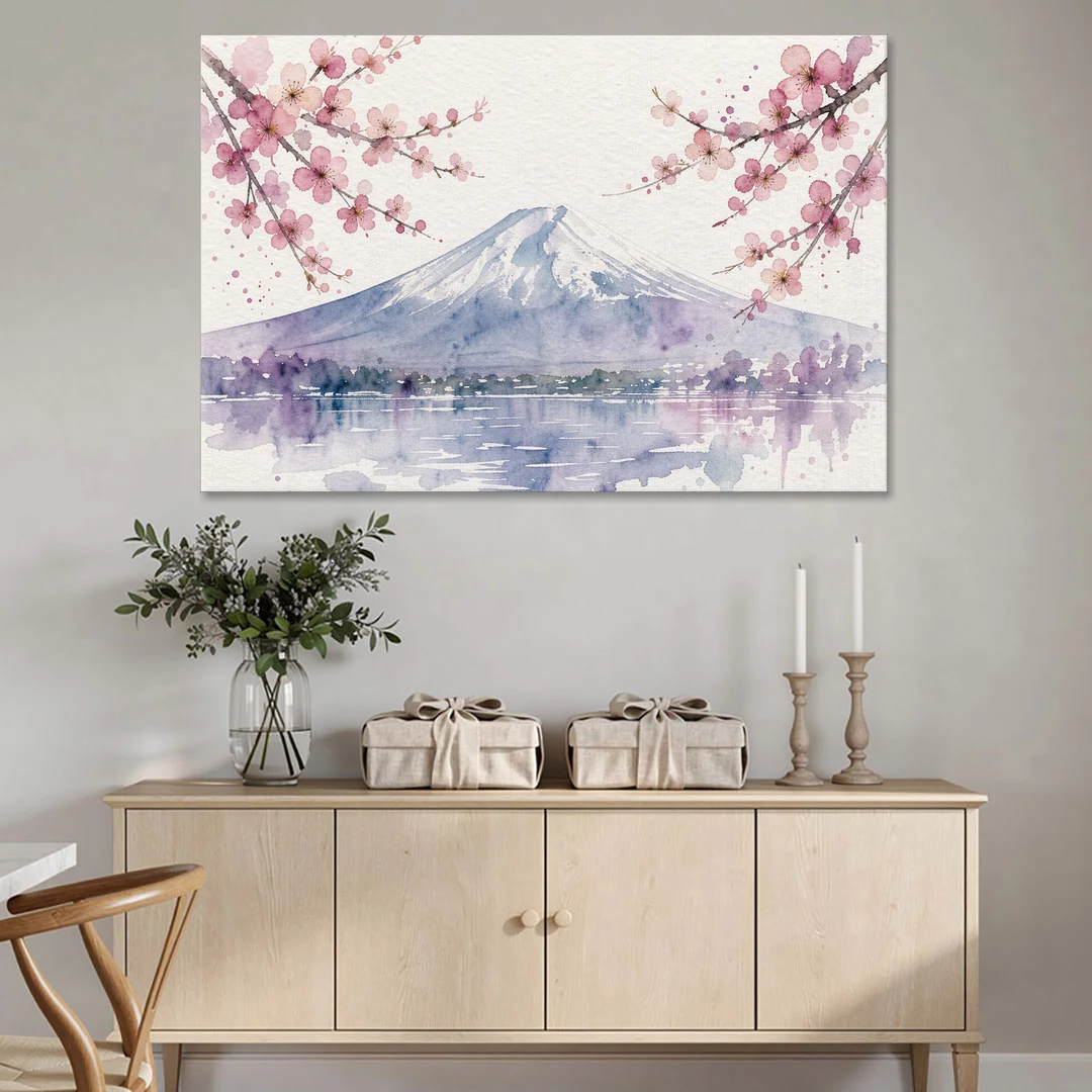 Cherry Blossom Watercolor Painting of Mount Fuji - Canvas Wall Art - Coffee Table - 60x40