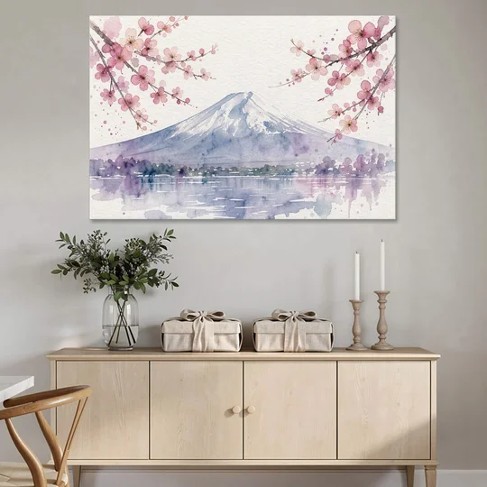 Cherry Blossom Watercolor Painting of Mount Fuji - Canvas Wall Art - Coffee Table - 60x40