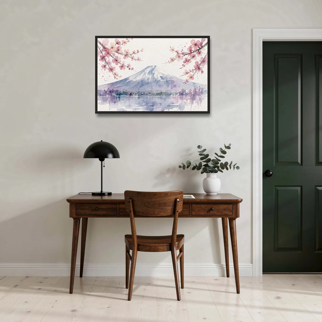 Cherry Blossom Watercolor Painting of Mount Fuji - Black Framed Canvas Wall Art - Office - 36x24