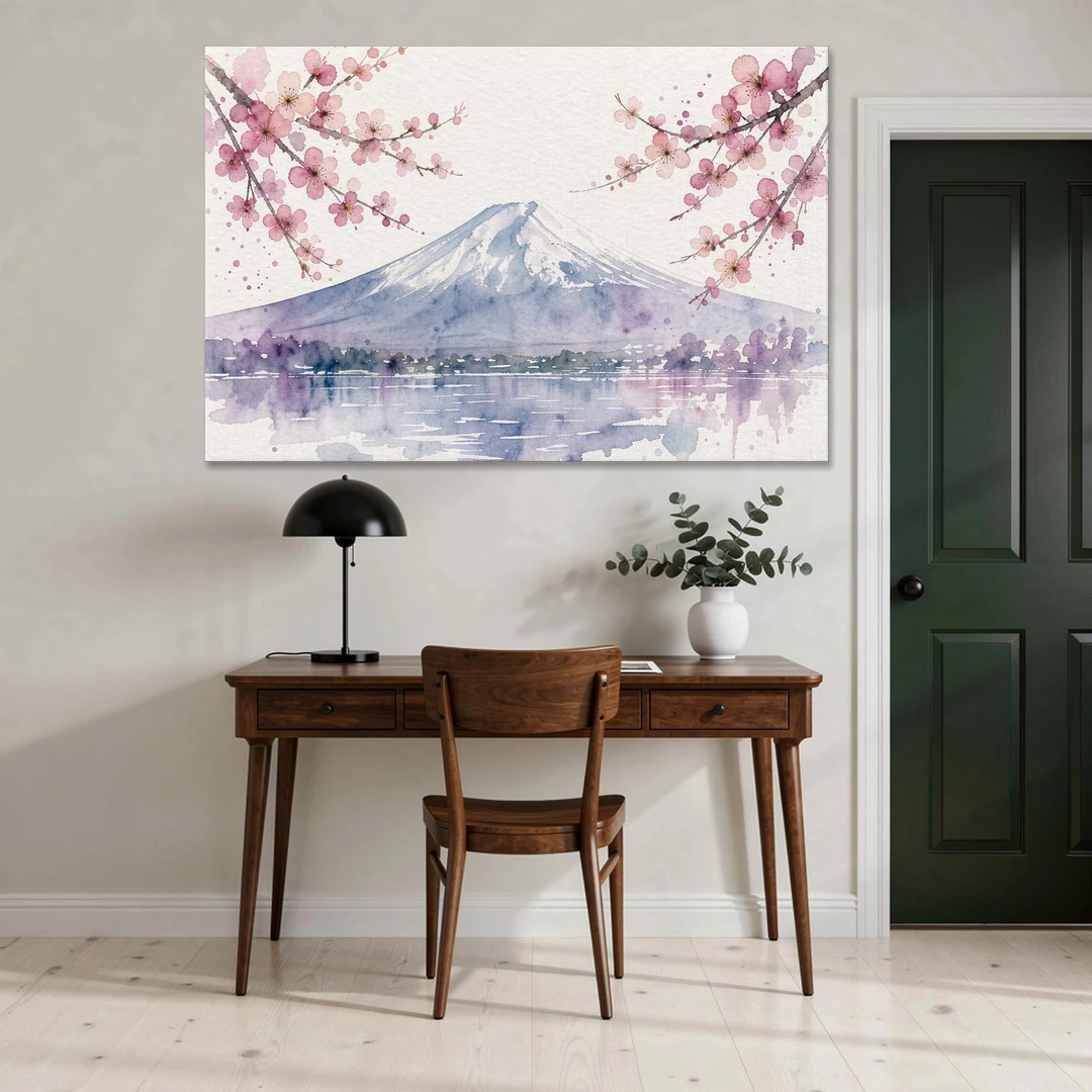 Cherry Blossom Watercolor Painting of Mount Fuji - Canvas Wall Art - Office - 60x40