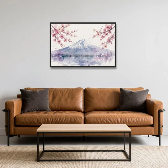 Cherry Blossom Watercolor Painting of Mount Fuji - Black Framed Canvas Wall Art - Sofa - 36x24