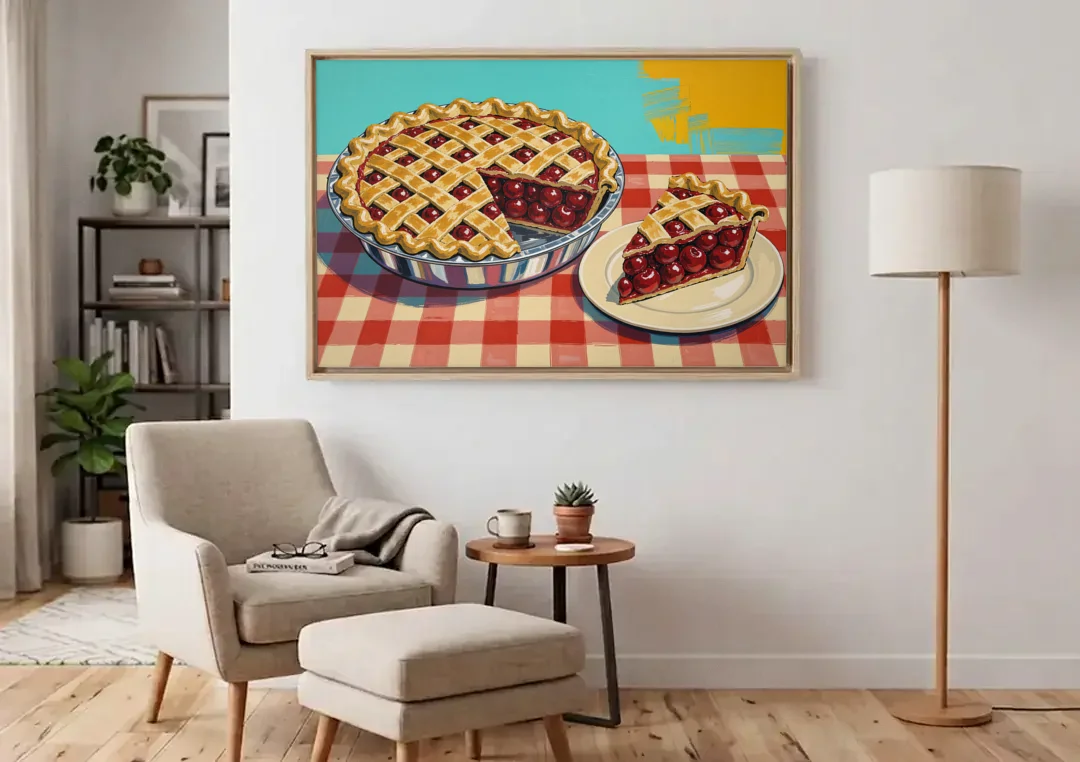 Cherry Pie Painting with Lattice Crust canvas wall art above an armchair in a bright living room