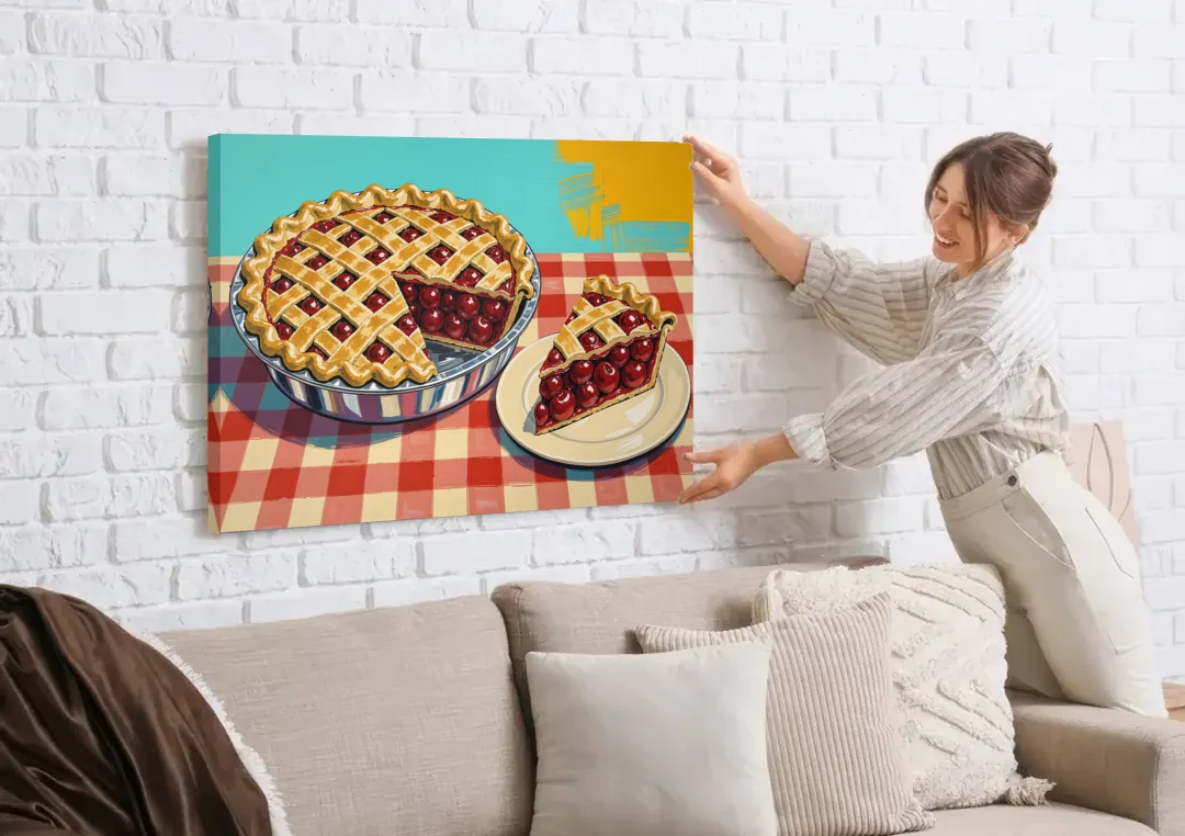 Cherry Pie Painting with Lattice Crust canvas wall art being hung on a white brick wall above a sofa
