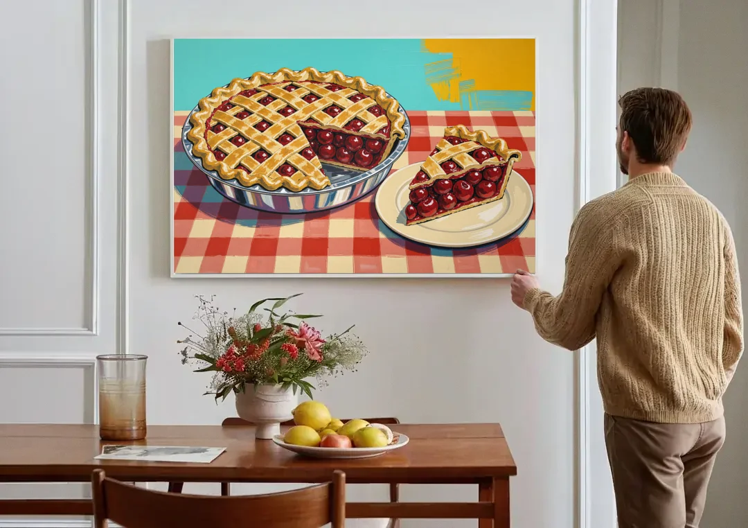 Cherry Pie Painting with Lattice Crust canvas wall art above a dining table