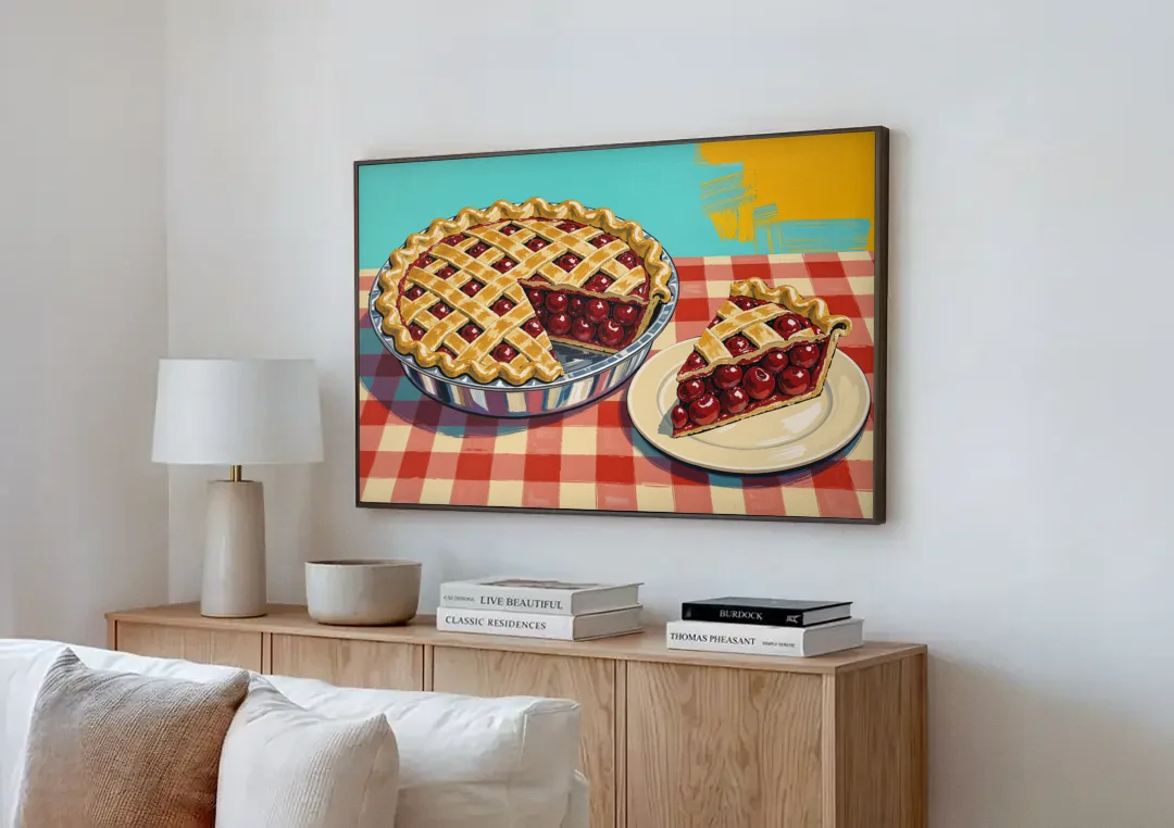 Cherry Pie Painting with Lattice Crust canvas wall art above a wooden sideboard next to a sofa
