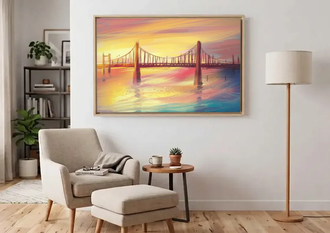 Chesapeake Bay Bridge Reflections canvas wall art above an armchair in a bright living room