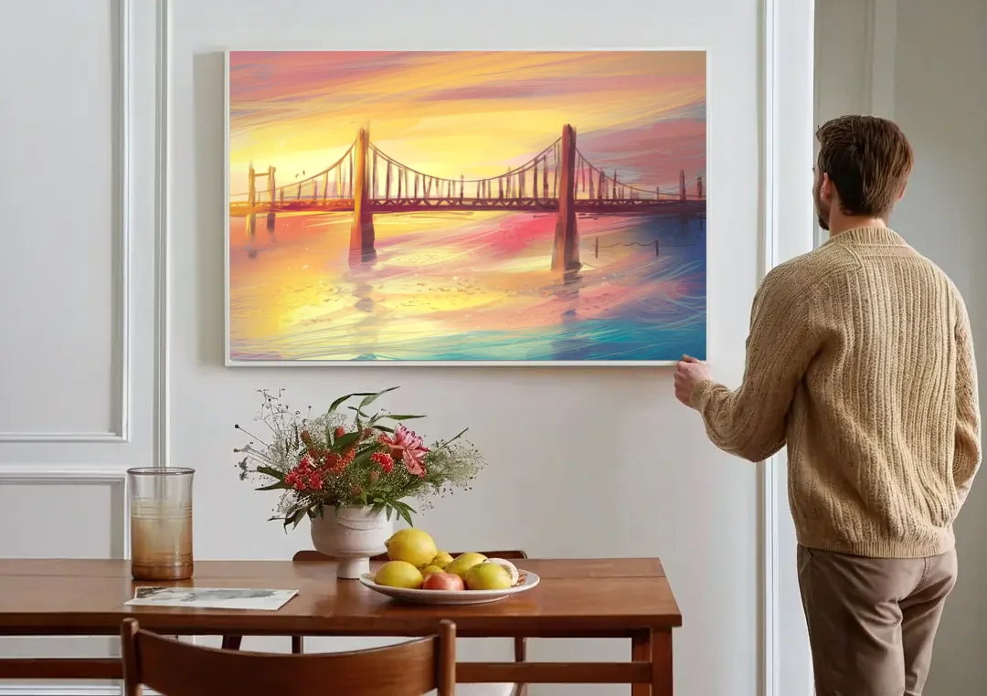 Chesapeake Bay Bridge Reflections canvas wall art above a dining table