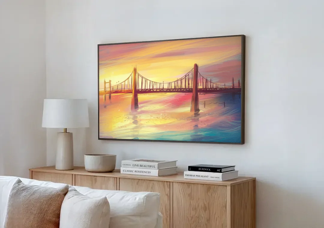Chesapeake Bay Bridge Reflections canvas wall art above a wooden sideboard next to a sofa