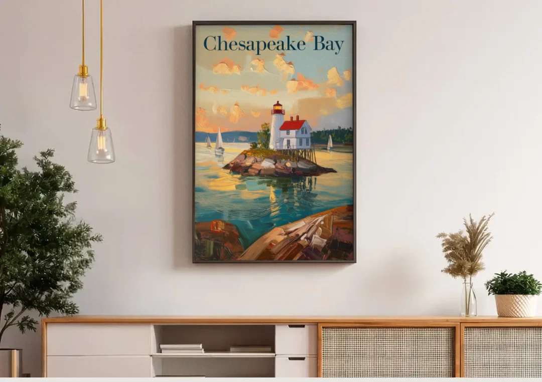 Chesapeake Bay Nautical Charm canvas wall art above a wooden sideboard under pendant lights