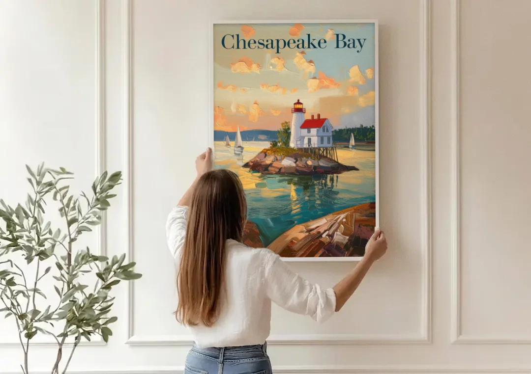 Chesapeake Bay Nautical Charm canvas wall art being hung on a paneled wall