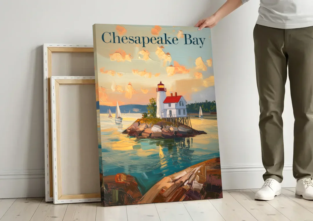 Chesapeake Bay Nautical Charm canvas wall art leaning against a wall next to blank canvases