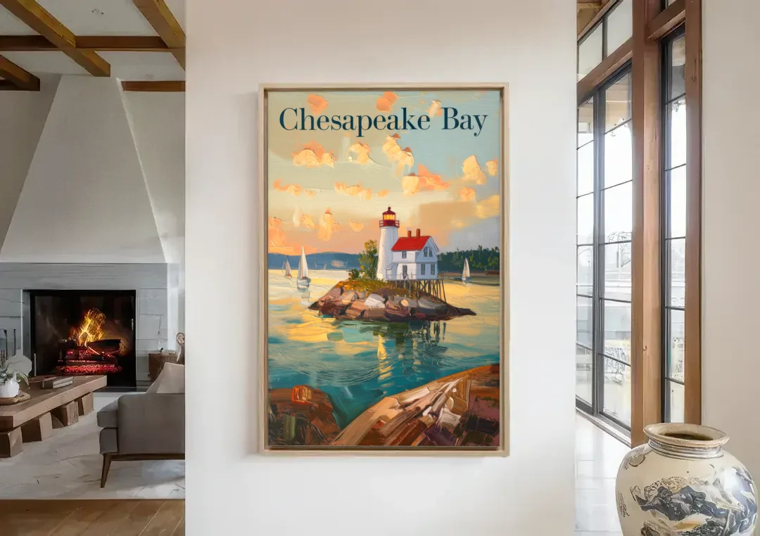 Chesapeake Bay Nautical Charm canvas wall art in a living room with a fireplace