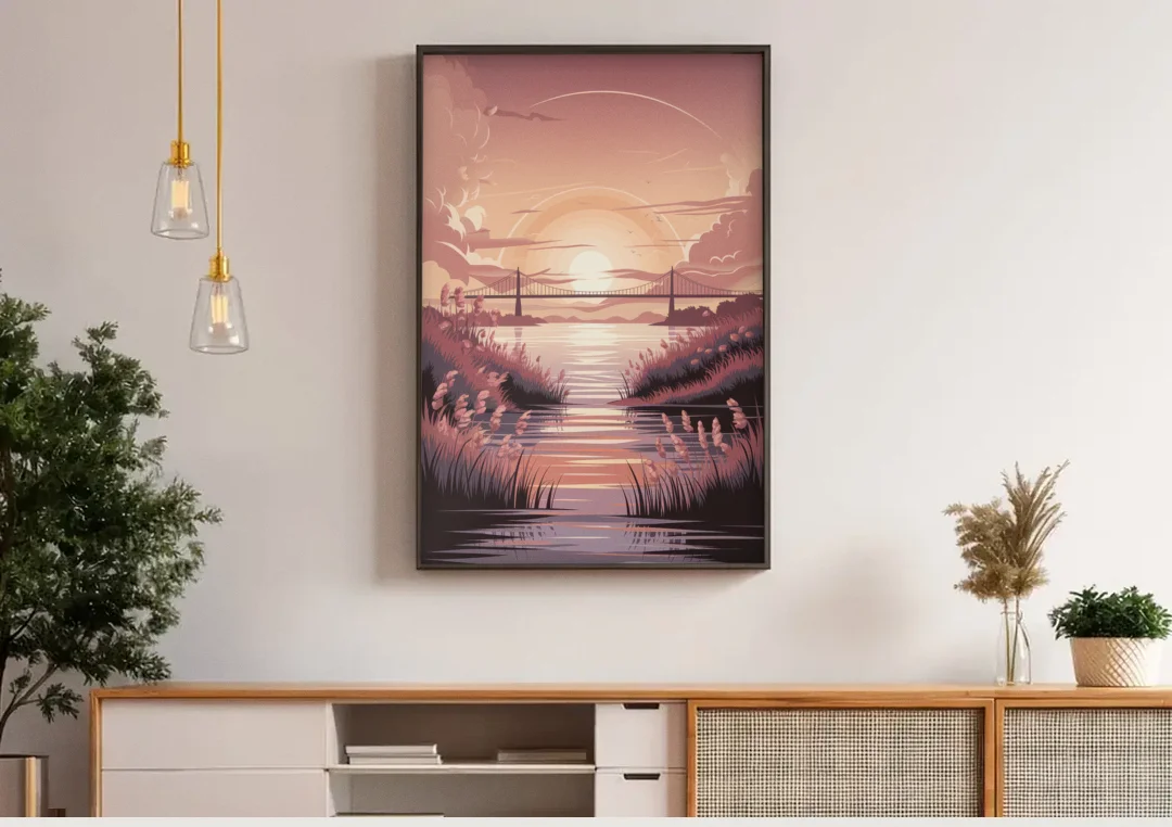 Chesapeake Bay Sunset Glow canvas wall art above a wooden sideboard under pendant lights