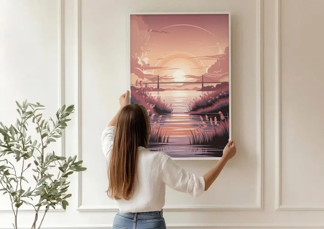 Chesapeake Bay Sunset Glow canvas wall art being hung on a paneled wall