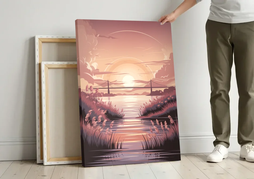 Chesapeake Bay Sunset Glow canvas wall art leaning against a wall next to blank canvases