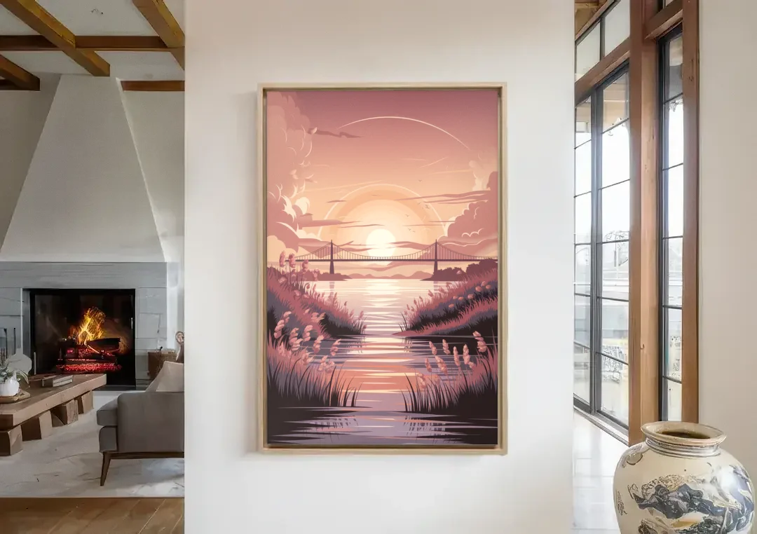 Chesapeake Bay Sunset Glow canvas wall art in a living room with a fireplace