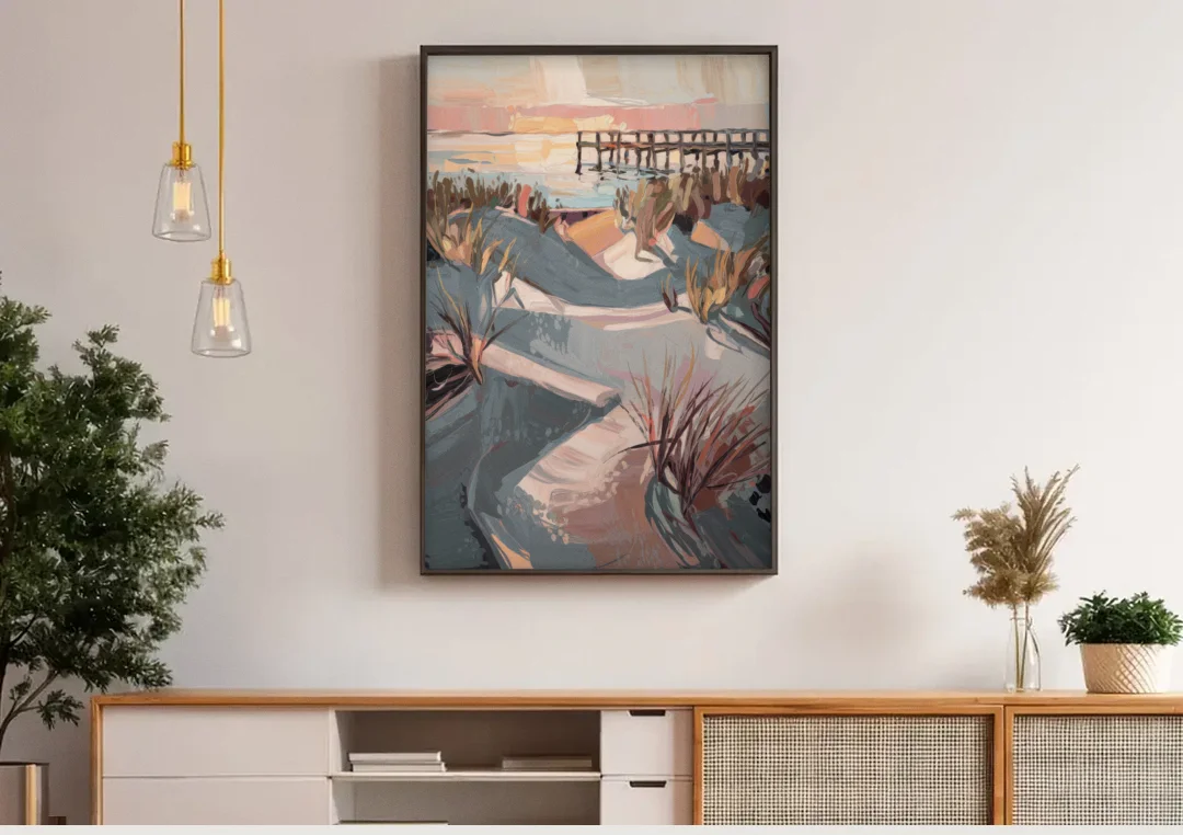 Chesapeake Bay Tranquility canvas wall art above a wooden sideboard under pendant lights