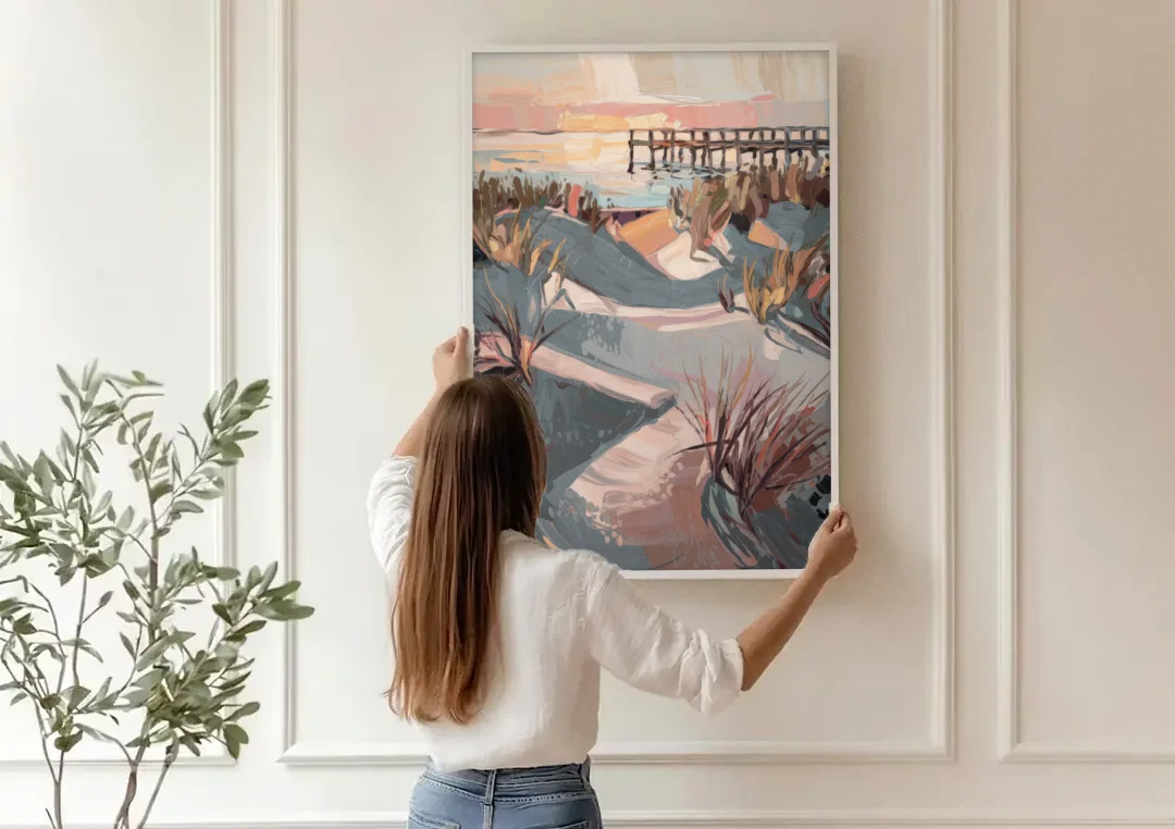 Chesapeake Bay Tranquility canvas wall art being hung on a paneled wall
