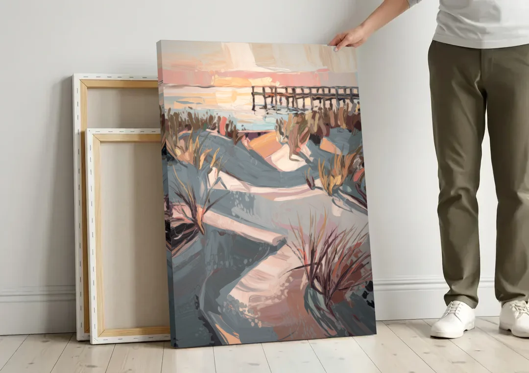 Chesapeake Bay Tranquility canvas wall art leaning against a wall next to blank canvases