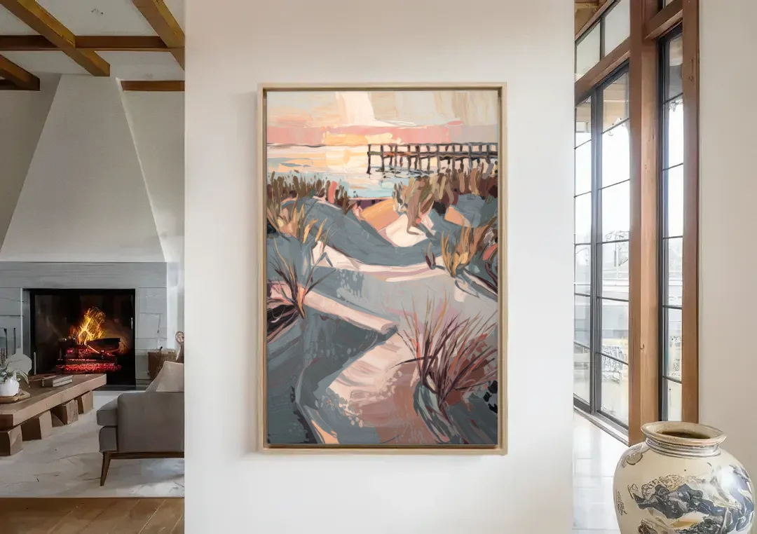Chesapeake Bay Tranquility canvas wall art in a living room with a fireplace