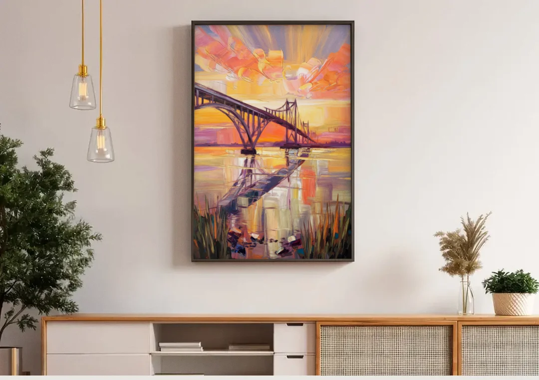 Chesapeake Bridge Panorama canvas wall art above a wooden sideboard under pendant lights