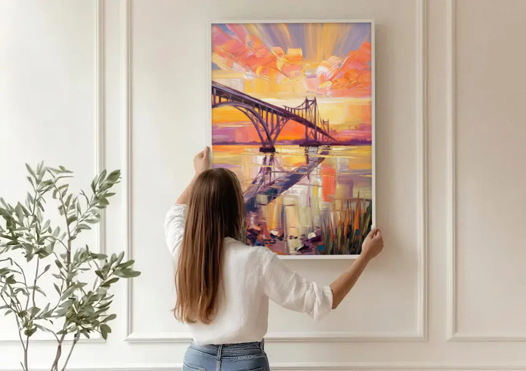 Chesapeake Bridge Panorama canvas wall art being hung on a paneled wall