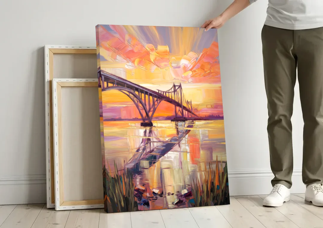 Chesapeake Bridge Panorama canvas wall art leaning against a wall next to blank canvases