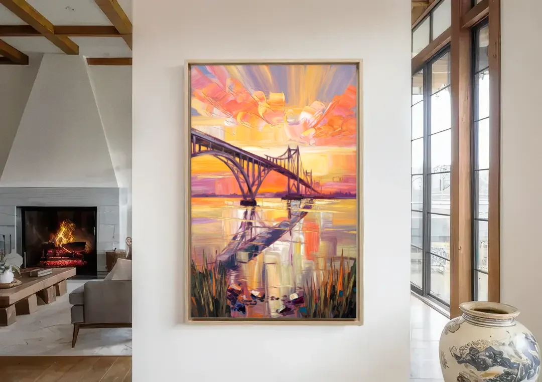 Chesapeake Bridge Panorama canvas wall art in a living room with a fireplace