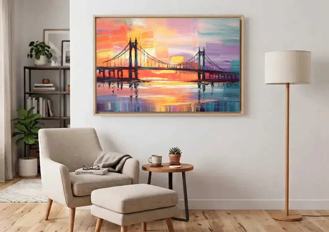 Chesapeake Bridge Silhouette canvas wall art above an armchair in a bright living room