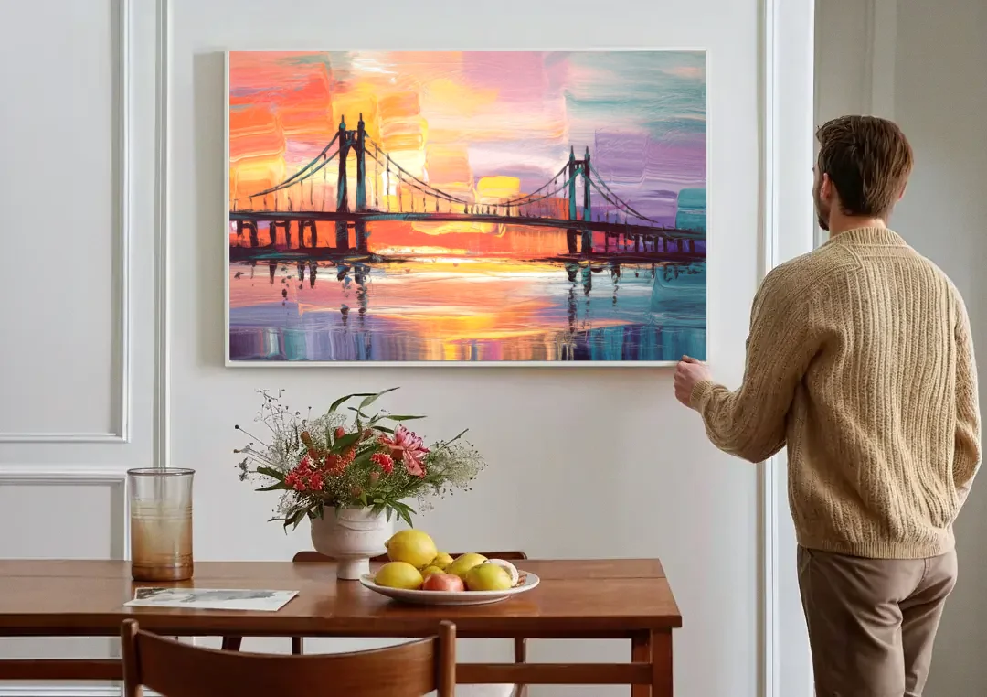 Chesapeake Bridge Silhouette canvas wall art above a dining table
