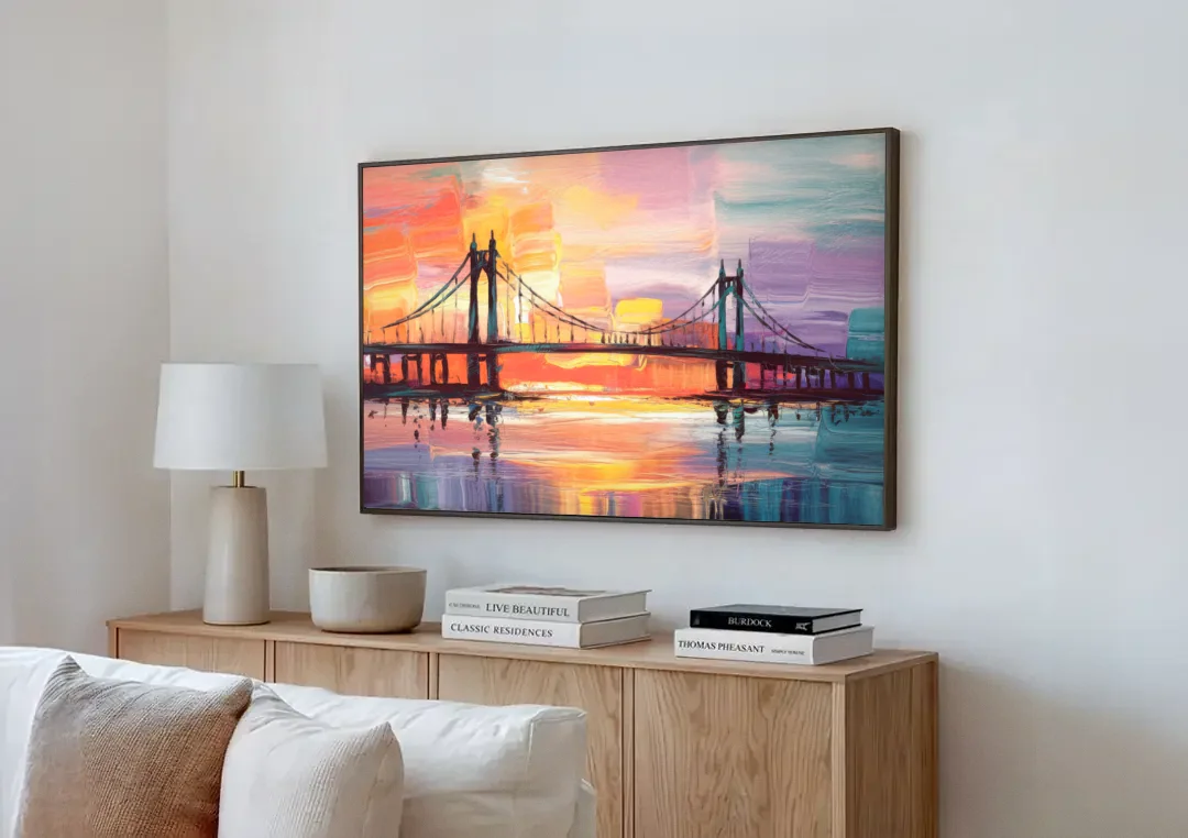 Chesapeake Bridge Silhouette canvas wall art above a wooden sideboard next to a sofa