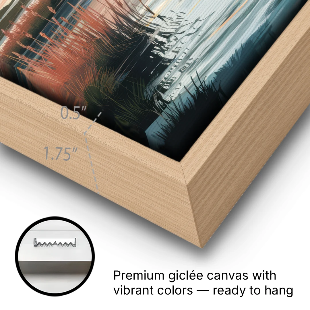 Chesapeake Coastal Sunrise - Oak Framed Canvas Wall Art - Gallery Wrap Corner