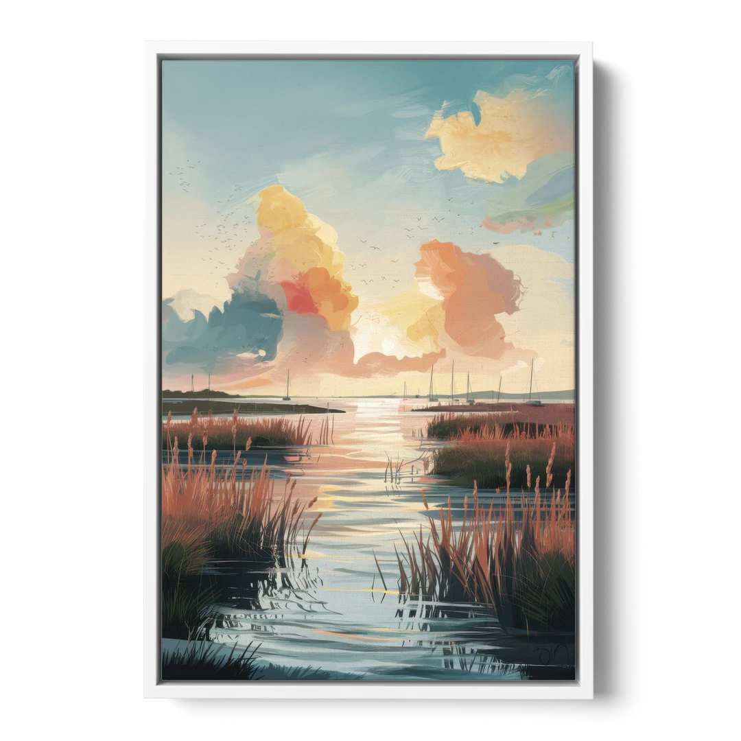 Chesapeake Coastal Sunrise - White Framed Canvas Wall Art - Front