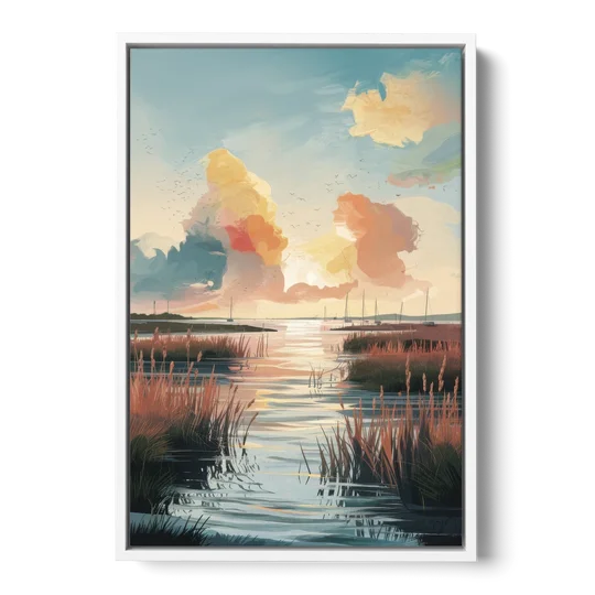 Chesapeake Coastal Sunrise - White Framed Canvas Wall Art - Front