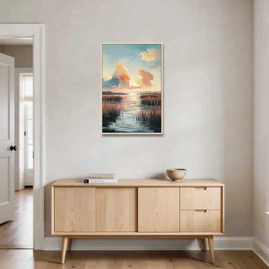 Chesapeake Coastal Sunrise - Oak Framed Canvas Wall Art - Coffee Table - 24x36