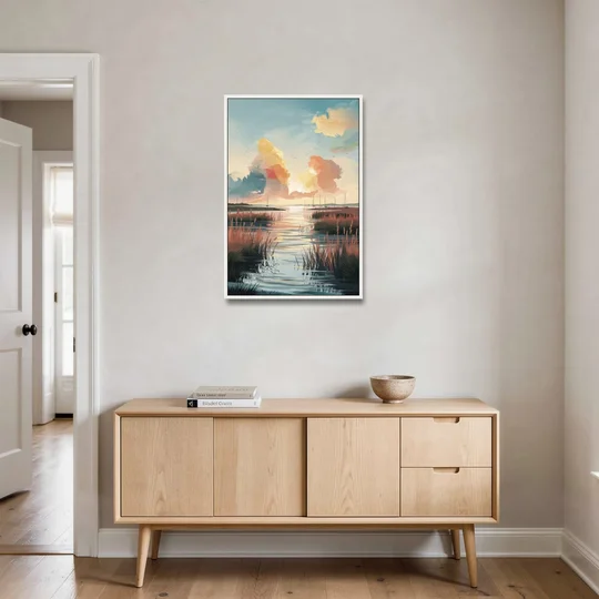 Chesapeake Coastal Sunrise - White Framed Canvas Wall Art - Coffee Table - 24x36