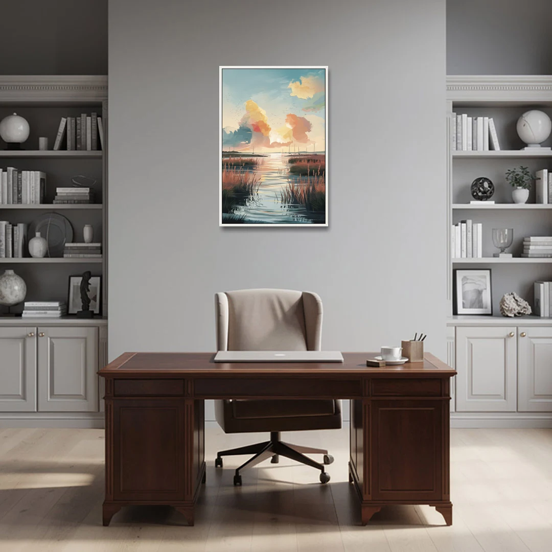 Chesapeake Coastal Sunrise - White Framed Canvas Wall Art - Office - 24x36