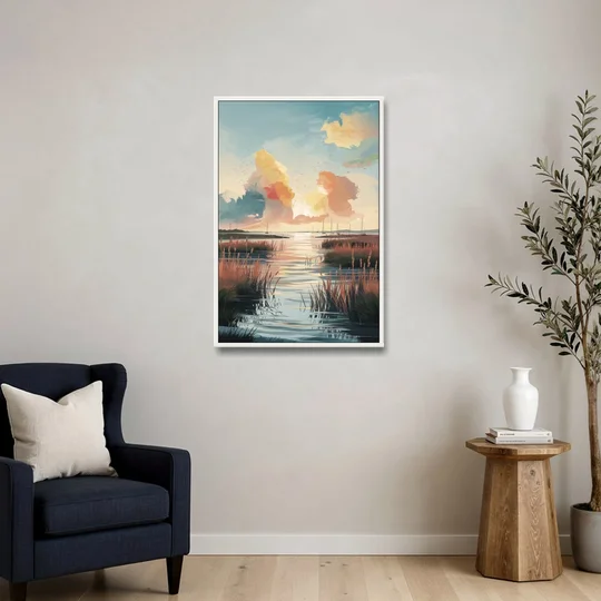 Chesapeake Coastal Sunrise - White Framed Canvas Wall Art - Sofa - 24x36