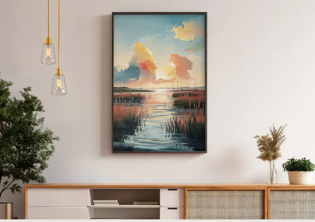 Chesapeake Coastal Sunrise canvas wall art above a wooden sideboard under pendant lights