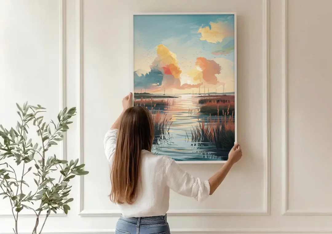 Chesapeake Coastal Sunrise canvas wall art being hung on a paneled wall