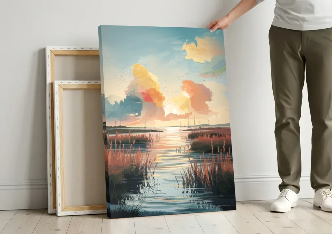 Chesapeake Coastal Sunrise canvas wall art leaning against a wall next to blank canvases