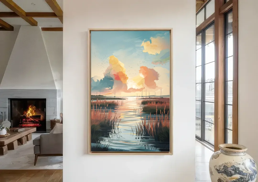 Chesapeake Coastal Sunrise canvas wall art in a living room with a fireplace